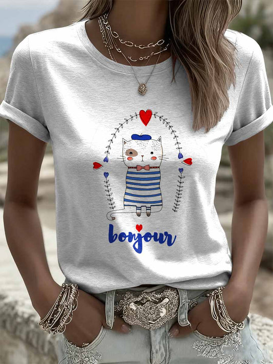 T-Shirt Décontracté Imprimé Français Vintage