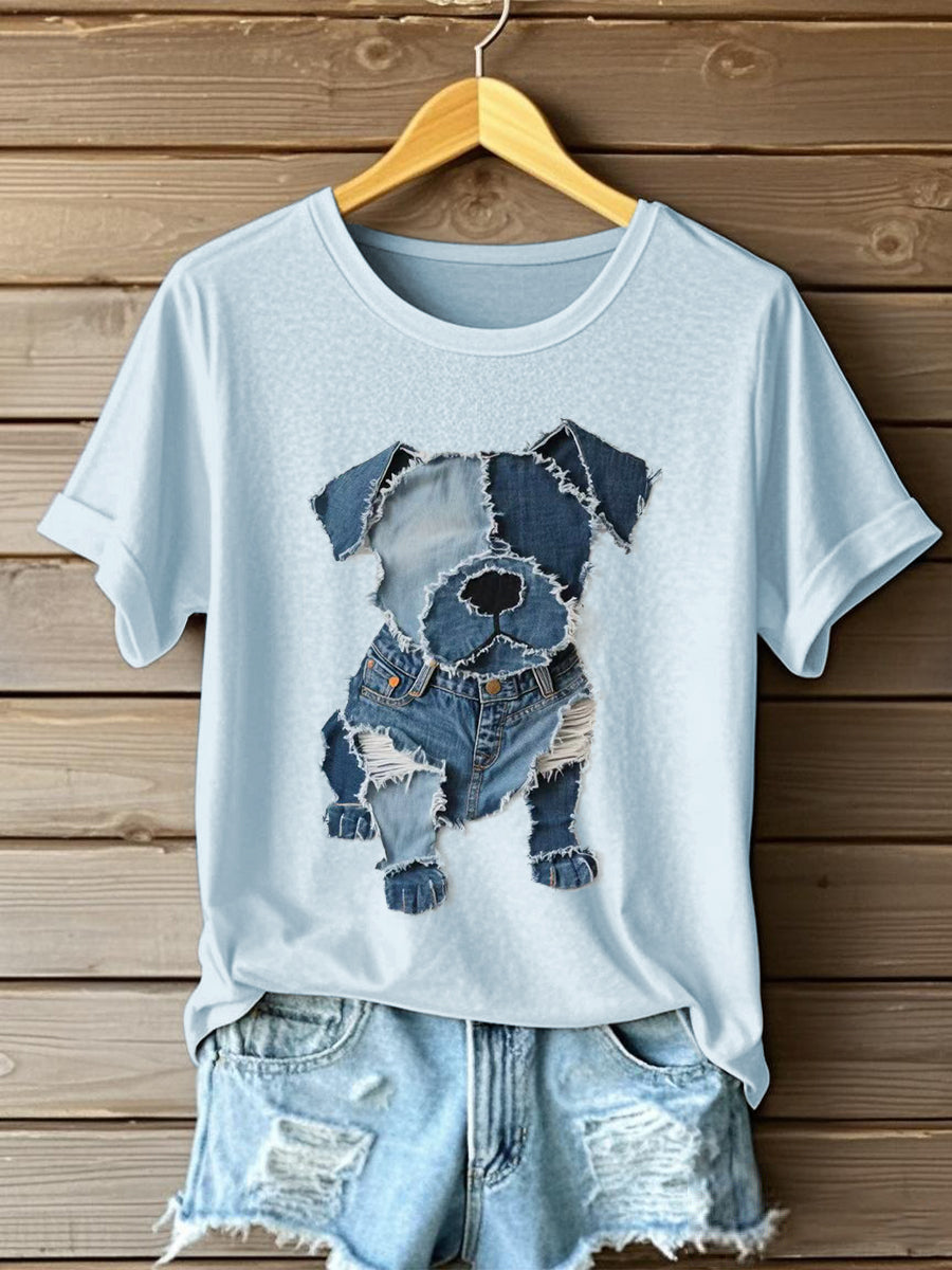 Motif de chien Denim Patchwork Art T-Shirt des femmes