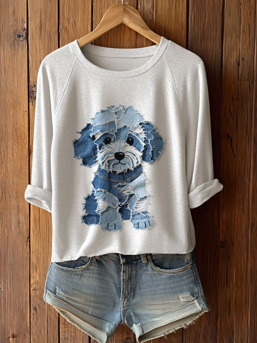 Femme Chien Mignon Patchwork Art Manches Longues T-Shirto