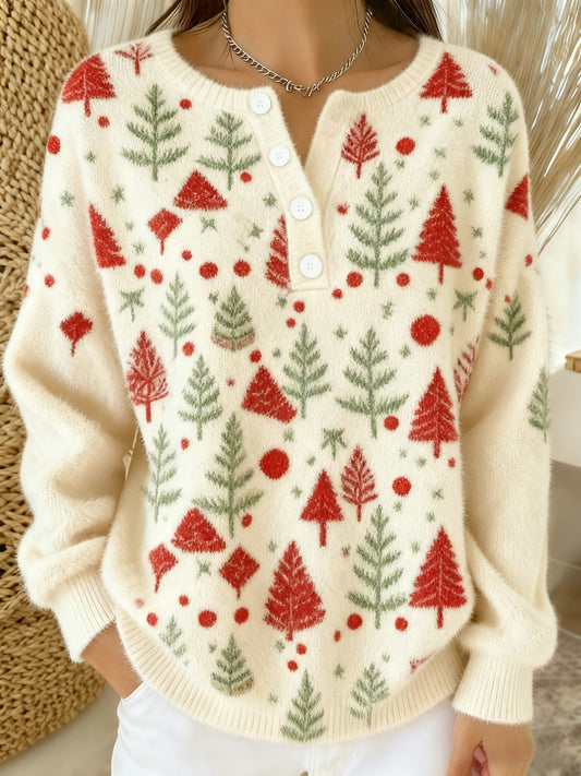 Pull Femme Vintage Arbre de Noël Art Imprimé à manches longues