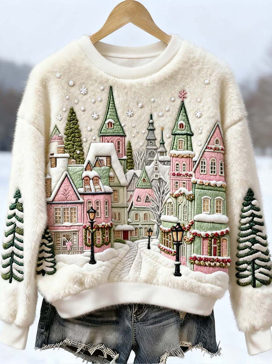 Noël inspiré House Building brodé Furry Sweatshirt des femmes