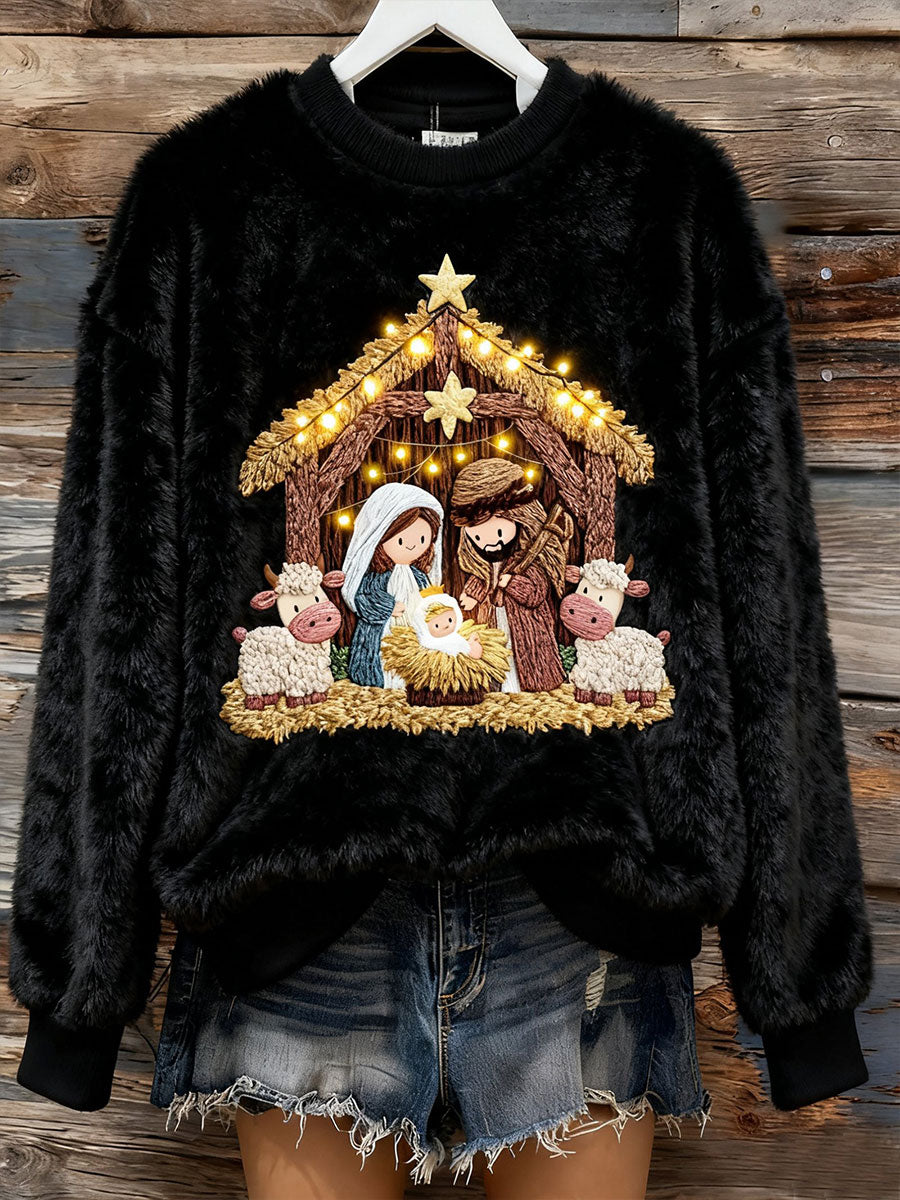 Top col rond imprimé Nativité en flanelle d'hiver pour femme