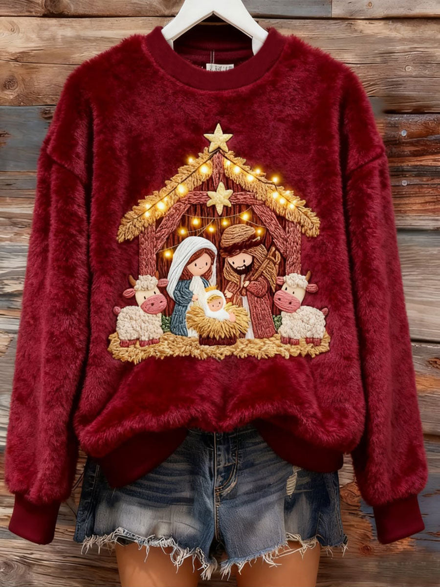 Top col rond imprimé Nativité en flanelle d'hiver pour femme