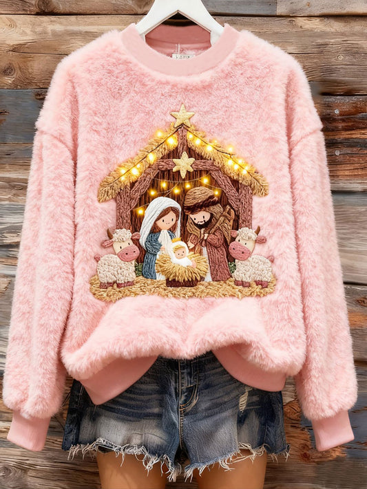 Top col rond imprimé Nativité en flanelle d'hiver pour femme