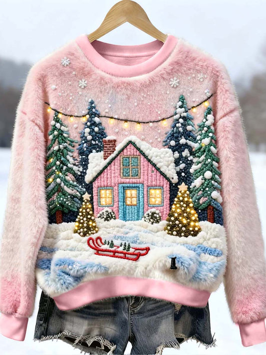 Noël inspiré House Building brodé Furry Sweatshirt des femmes