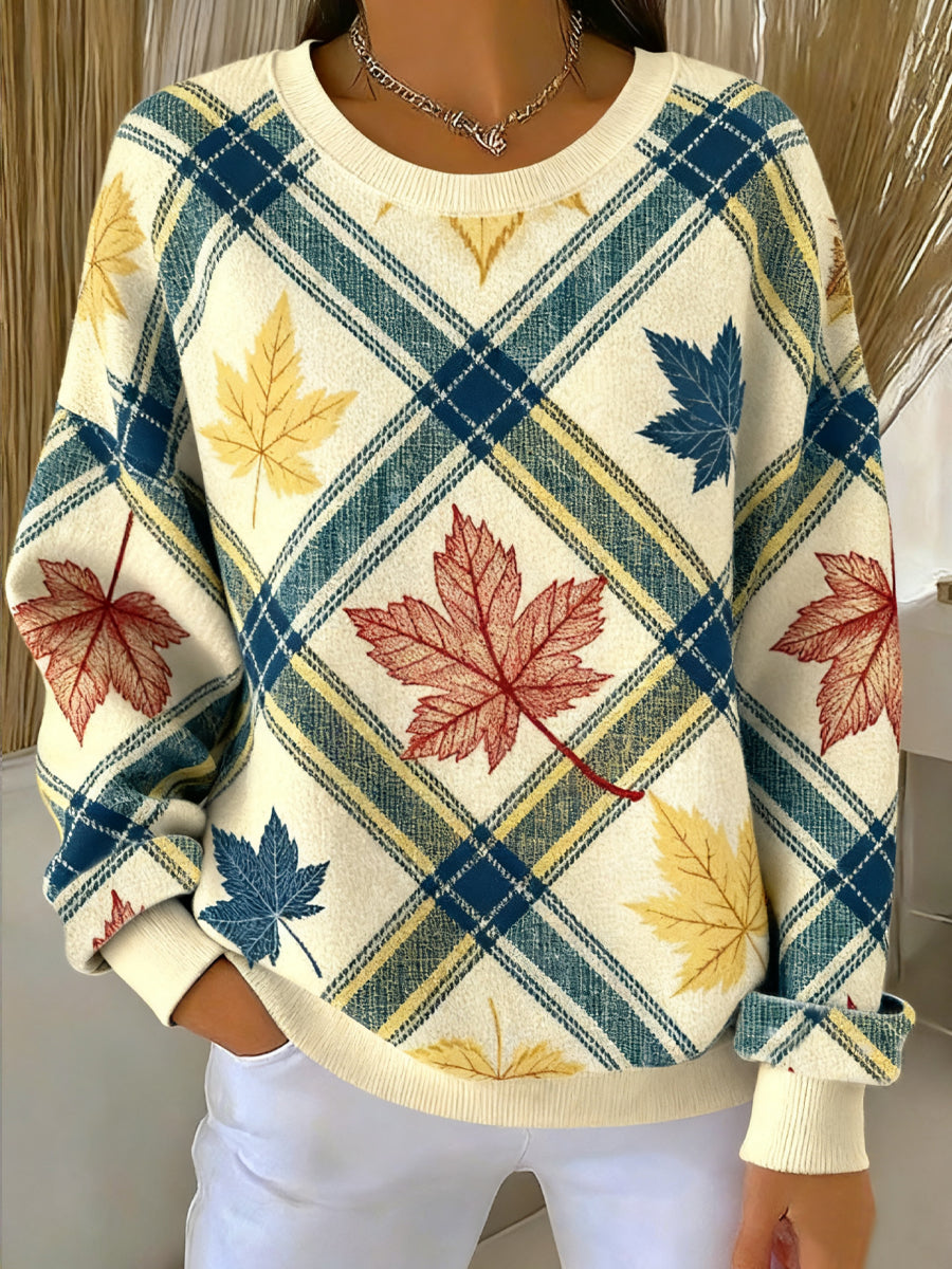 Thanksgiving Maple Leaf Plaid Artistique Crew Neck Pullover pour femme