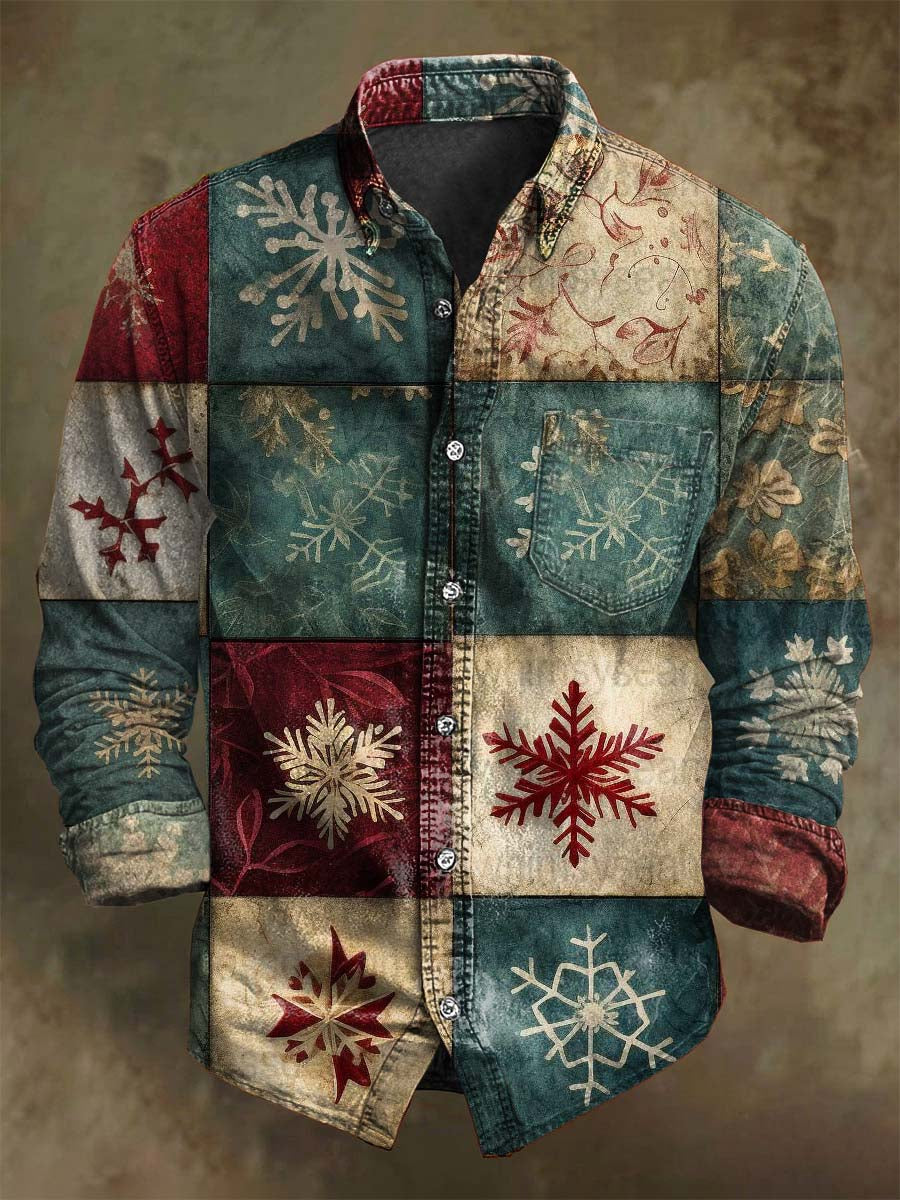 Chemise Décontractée à Manches Longues à Imprimé Flocon de Neige Sapin de Noël Rétro