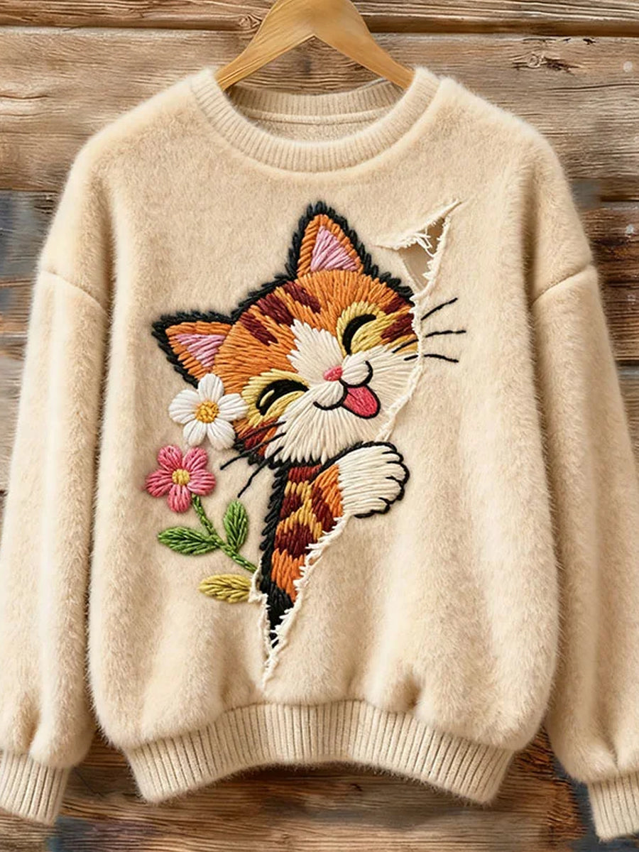 Pull décontracté confortable à imprimé animal vintage de Noël pour femmes