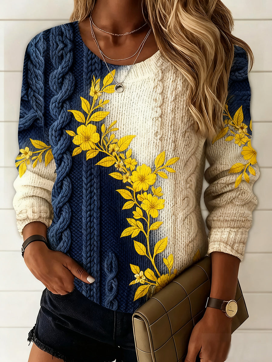 Pull décontracté à imprimé floral vintage pour femmes