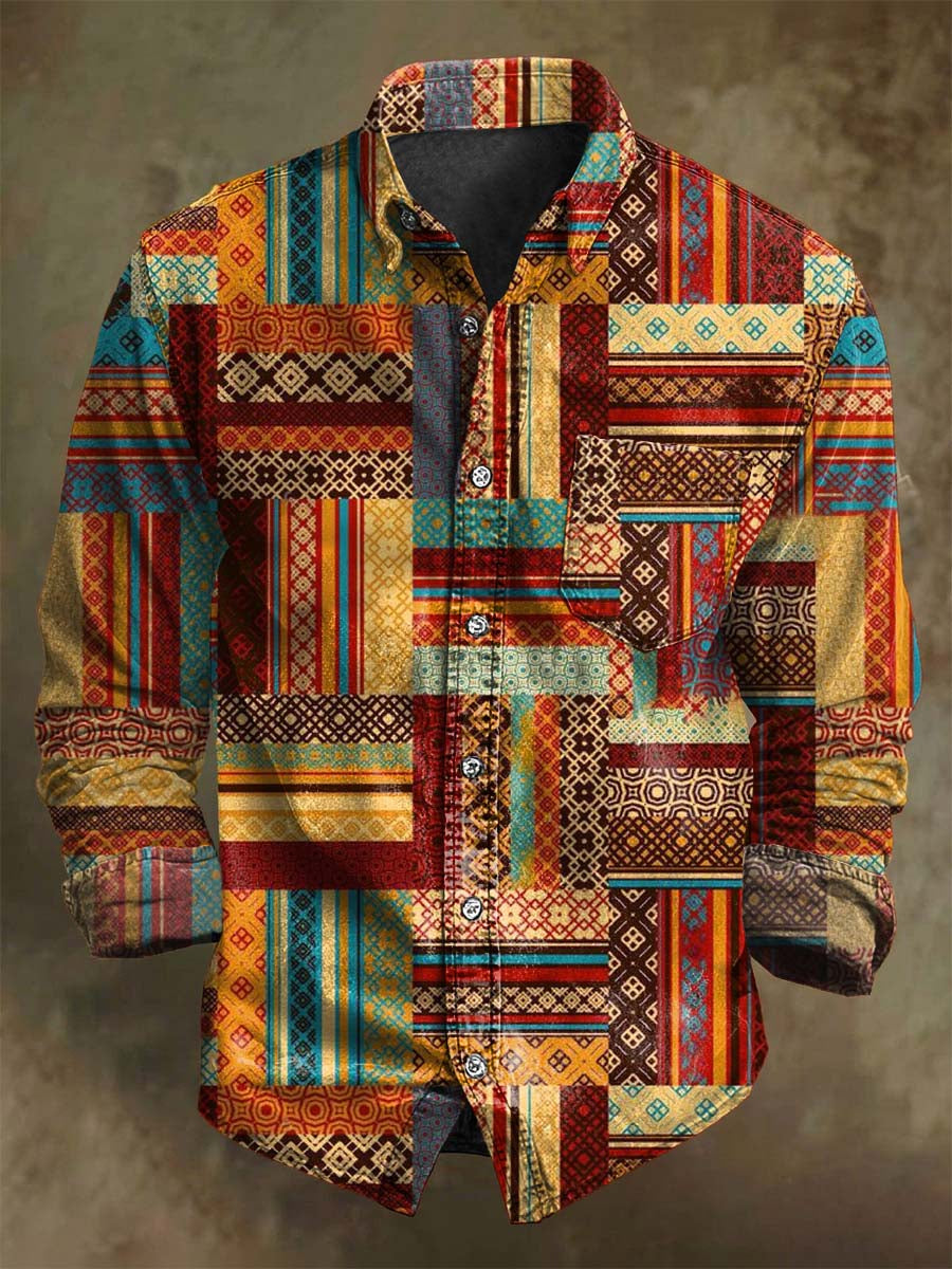 Chemise Décontractée Rétro à Carreaux Patchwork Imprimé à Manches Longues