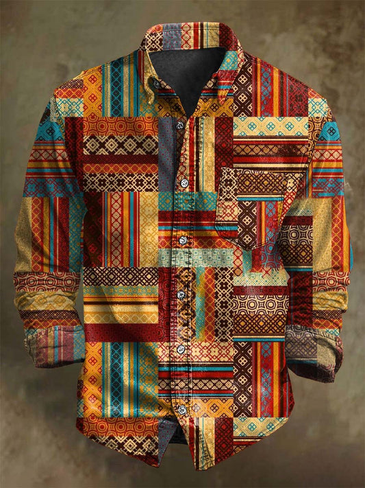 Chemise Décontractée Rétro à Carreaux Patchwork Imprimé à Manches Longues