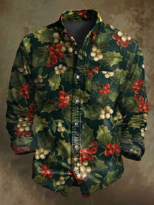 Chemise Décontractée Plante Verte de Noël Imprimée à Manches Longues