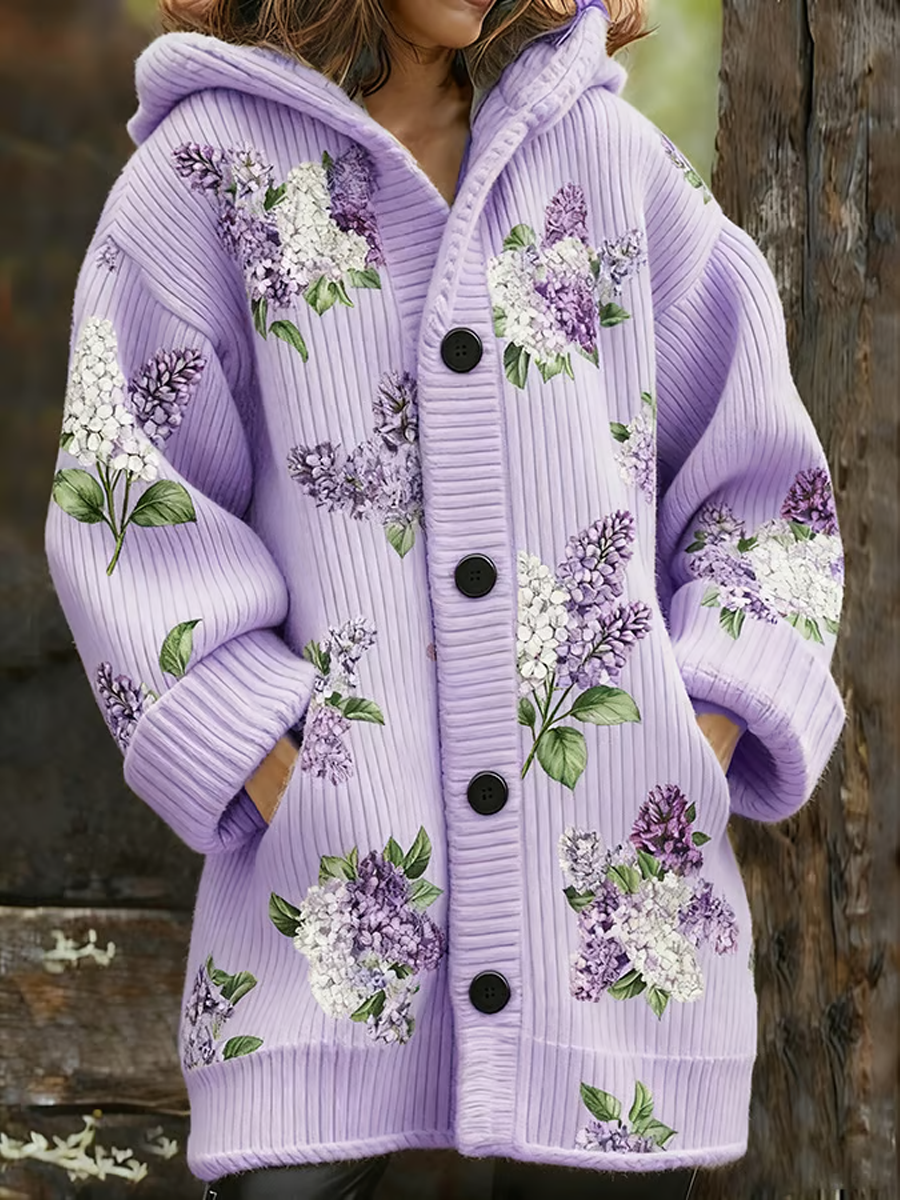 Cardigan épaissi à fleurs violettes pour femmes