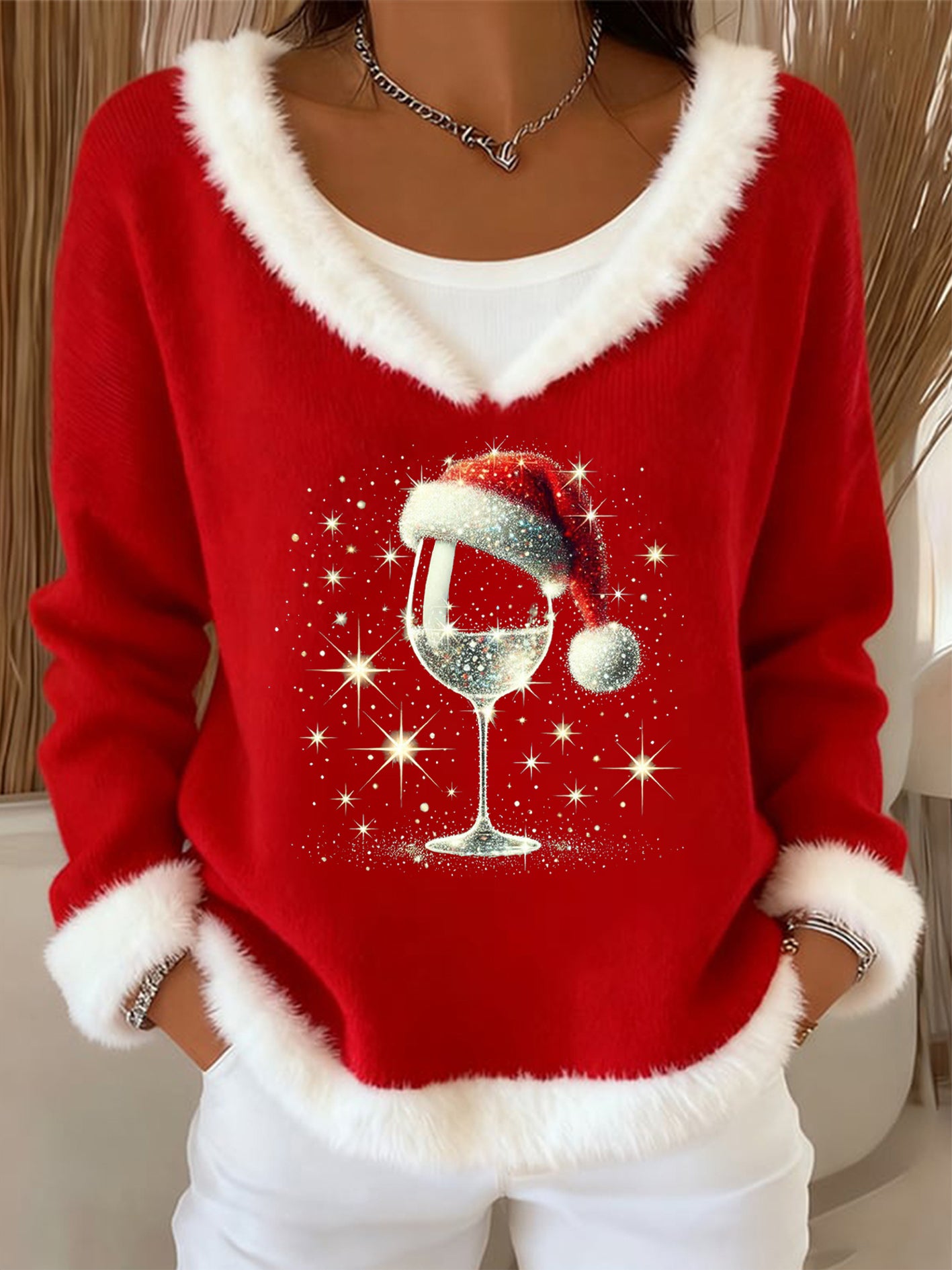 Haut décontracté à col en fourrure de Noël pour femmes