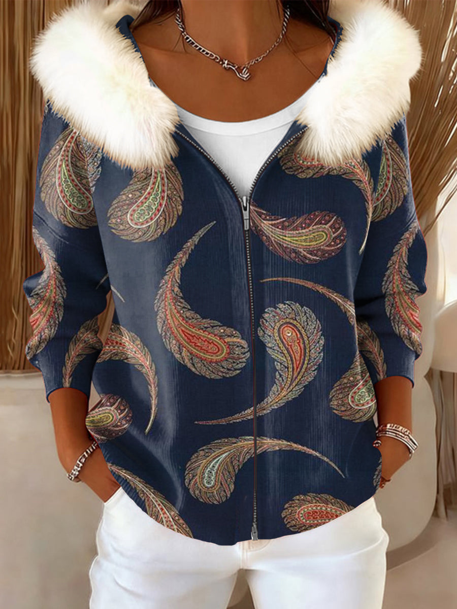Veste à capuche Paisley Floral Bordée de Fourrure Femme