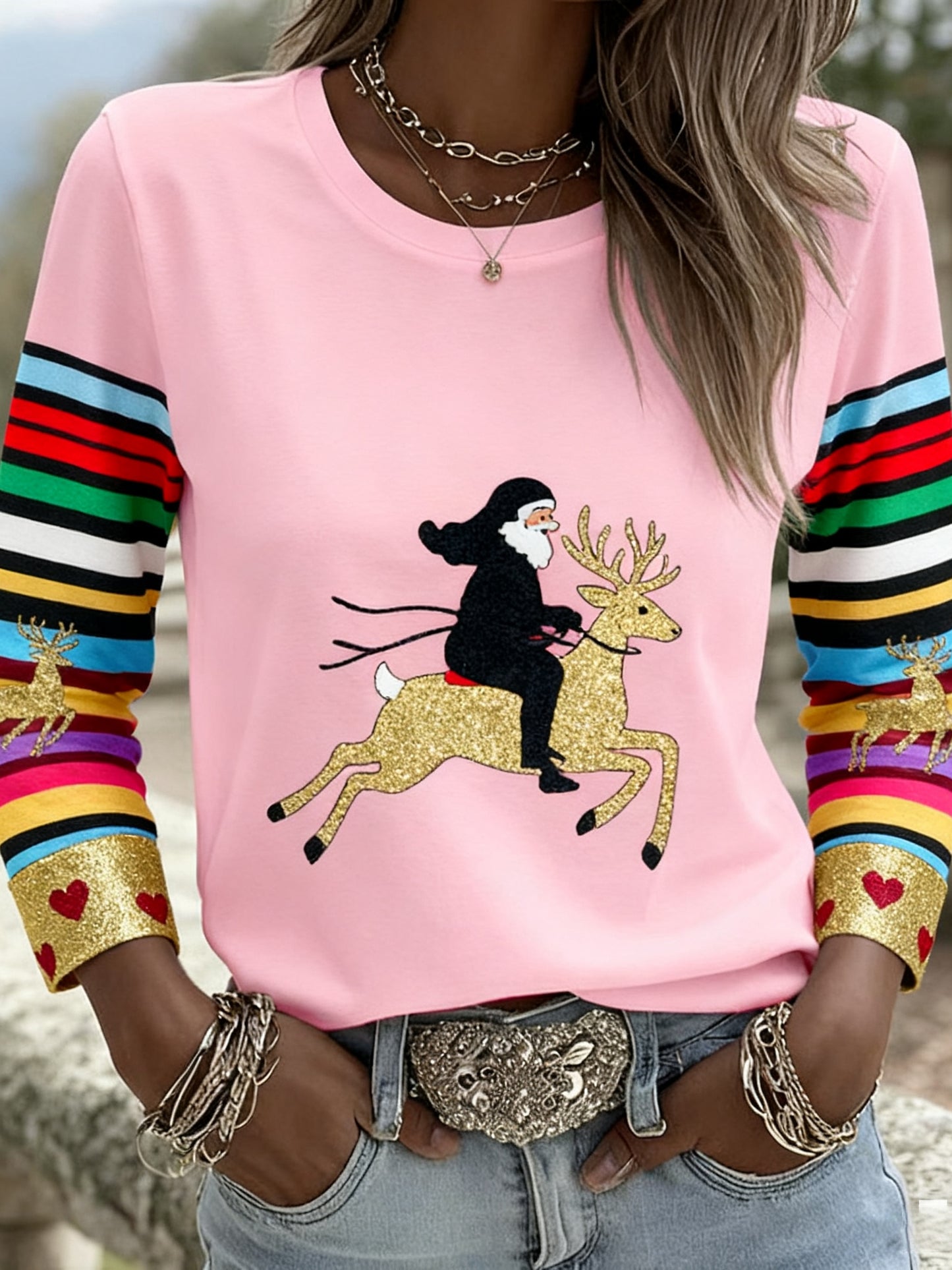 Rétro Noël Imprimer Art Patchwork Coton T-shirt à manches longues