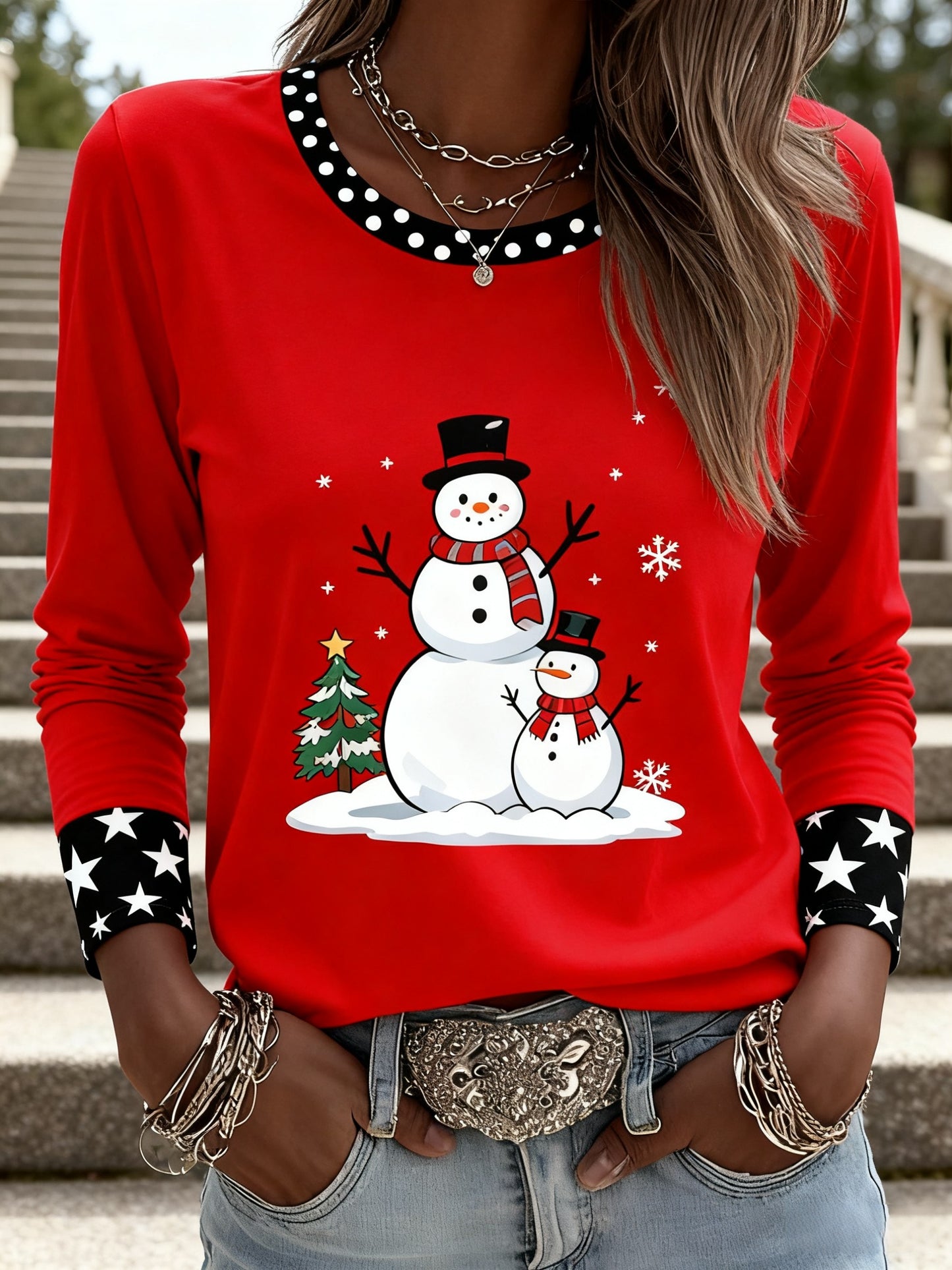 Rétro Noël Imprimer Art Patchwork Coton T-shirt à manches longues