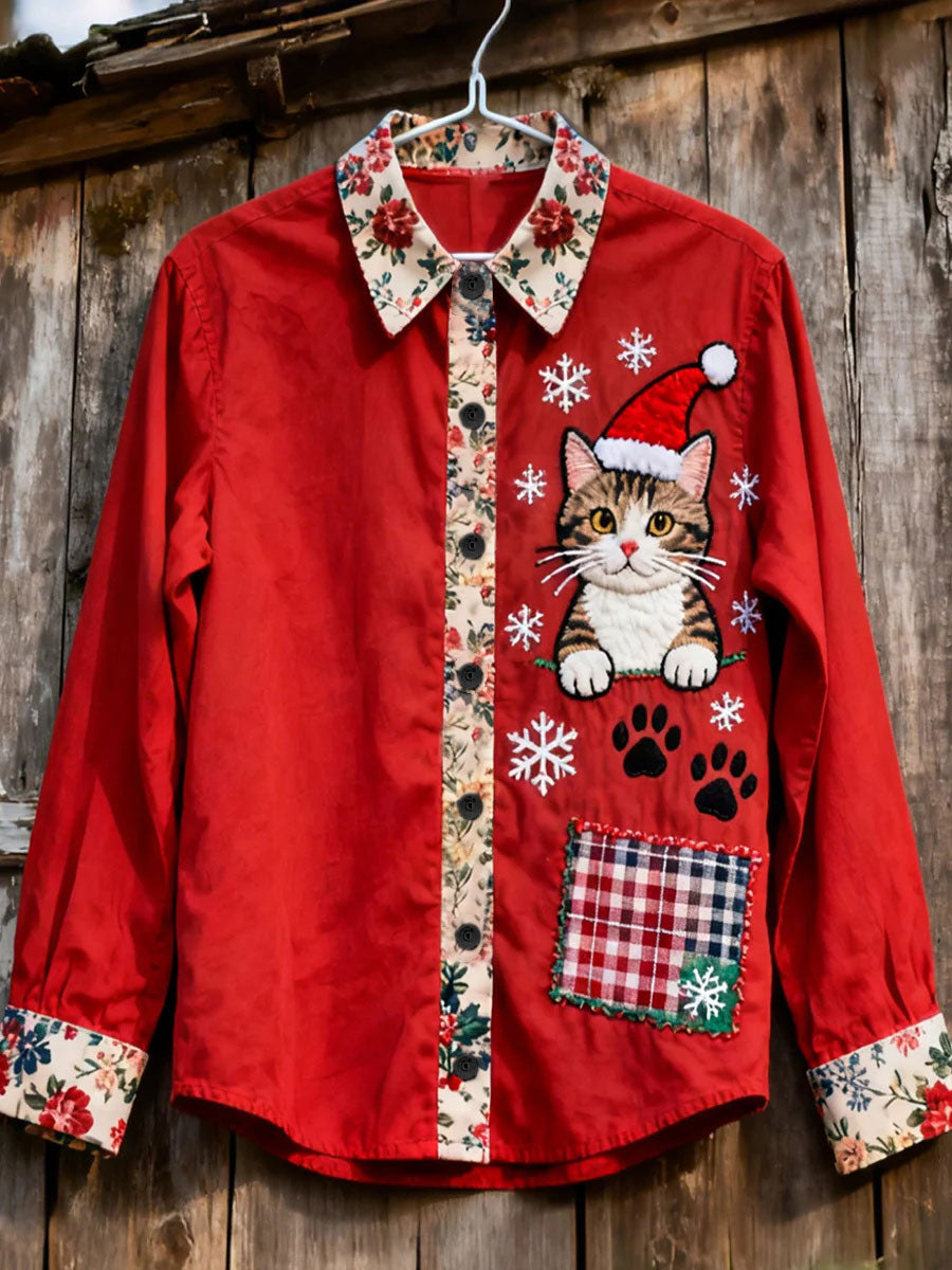 Chemise décontractée à imprimé chat de Noël pour femmes