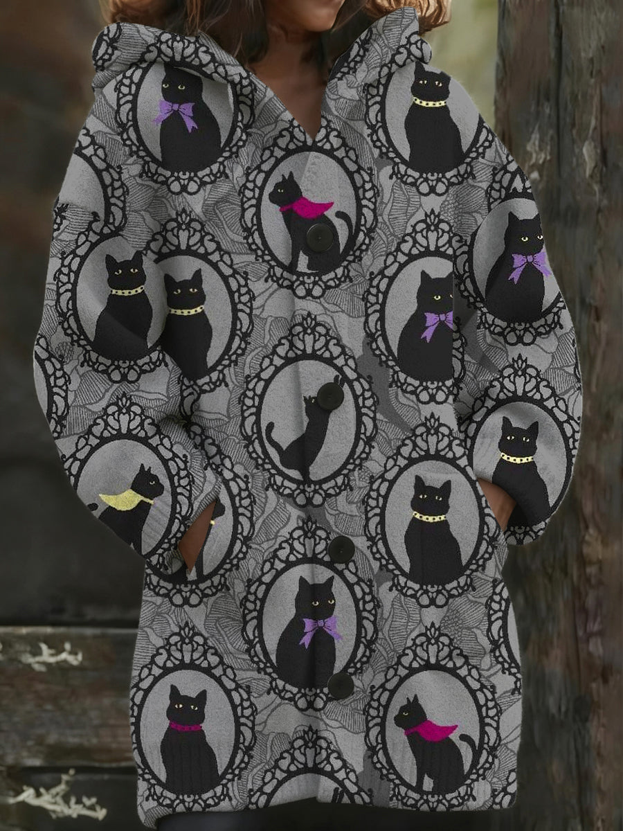 Manteau long à capuche élégant imprimé chat noir pour femmes