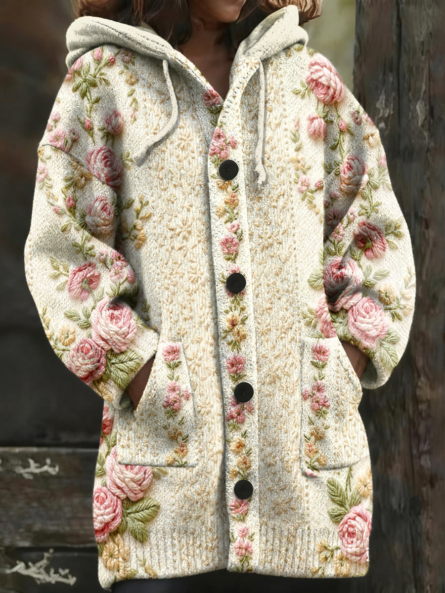 Veste à capuche mi-longue à motif floral pour femmes