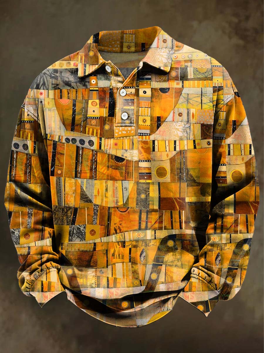 Polo décontracté à imprimé géométrique irrégulier abstrait à manches longues