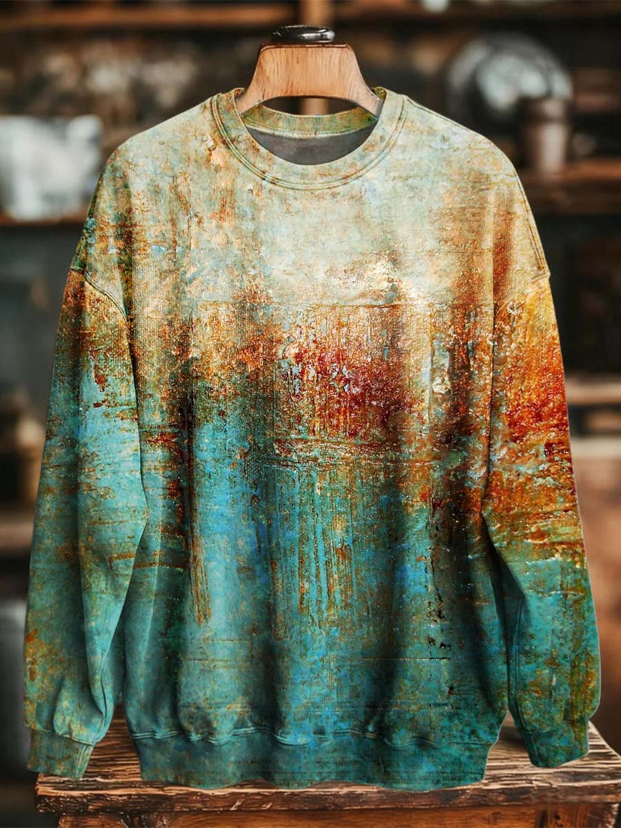 Retro Color-Blocked Peinture à l'huile en détresse Imprimer Casual Crewneck Sweatshirt
