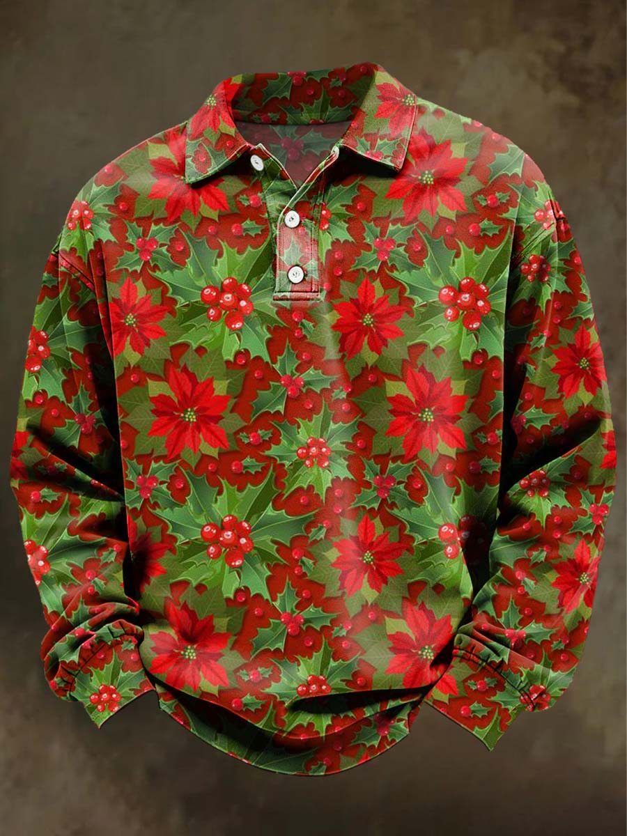 Polo Décontracté à Manches Longues Imprimé Houx de Noël