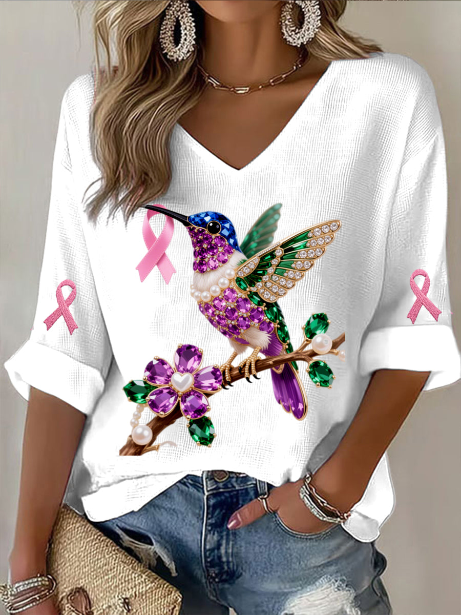 Rétro Cancer Du Sein Perle Diamant Multicolore Colibri Abstrait Imprimer Casual Coton Gaufre À Manches Longues T-Shirt