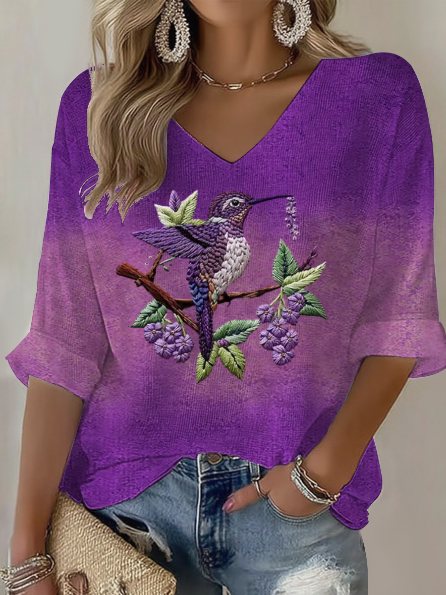 T-shirt gaufré violet à imprimé floral colibri pour femme