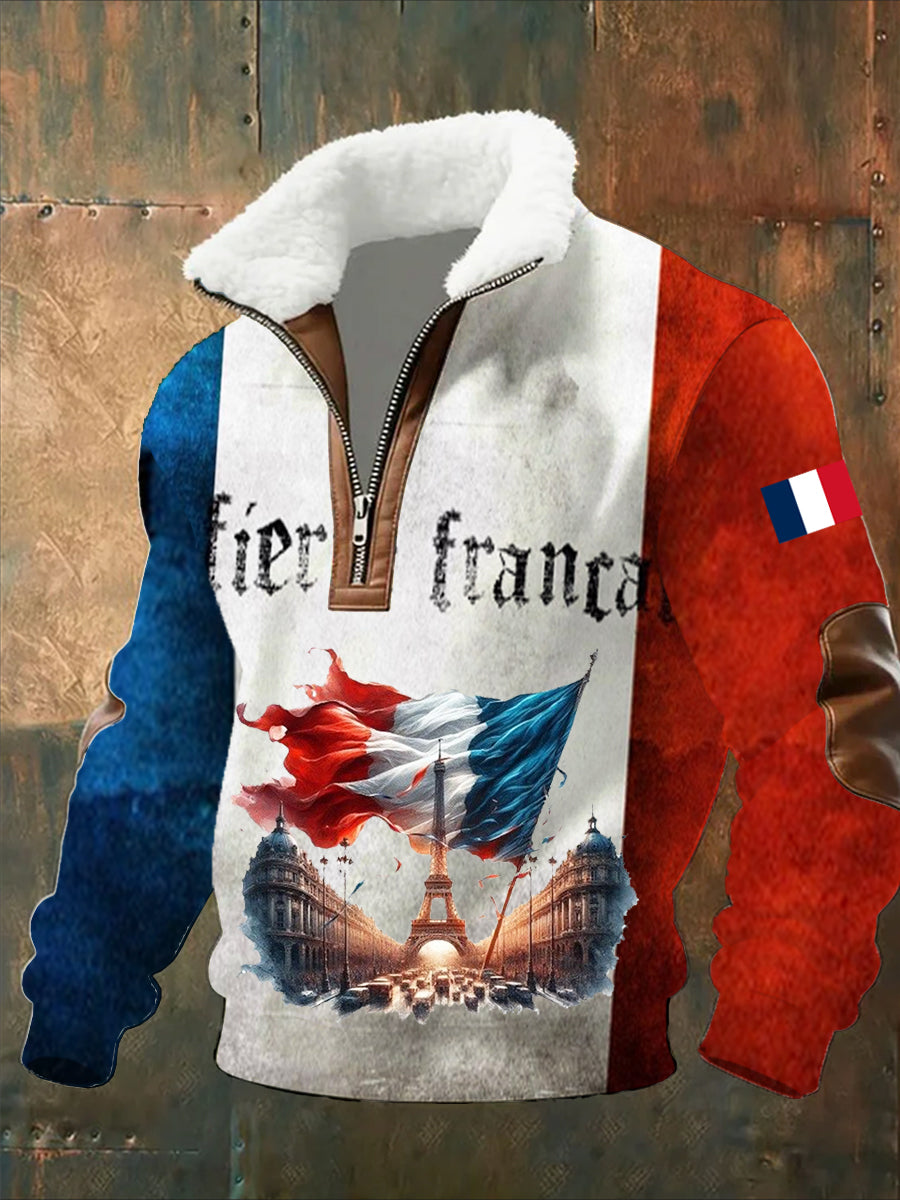 Sweat-shirt décontracté imprimé vintage pour homme avec col en polaire