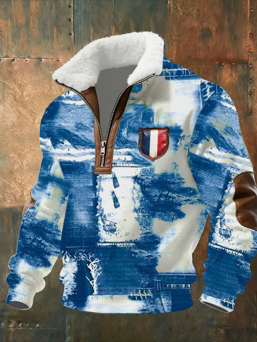 Sweat-shirt décontracté imprimé vintage pour homme avec col en polaire