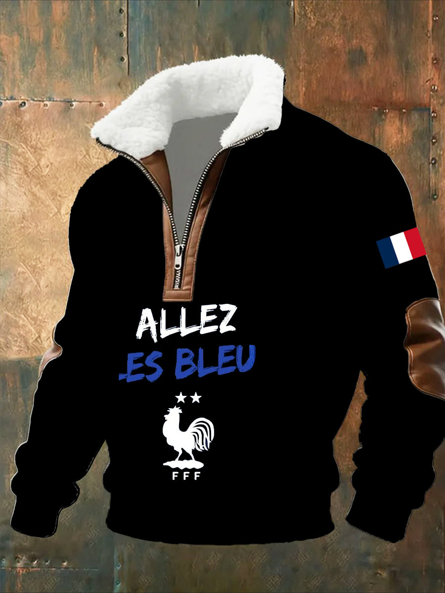 Sweat-shirt décontracté imprimé vintage pour homme avec col en polaire