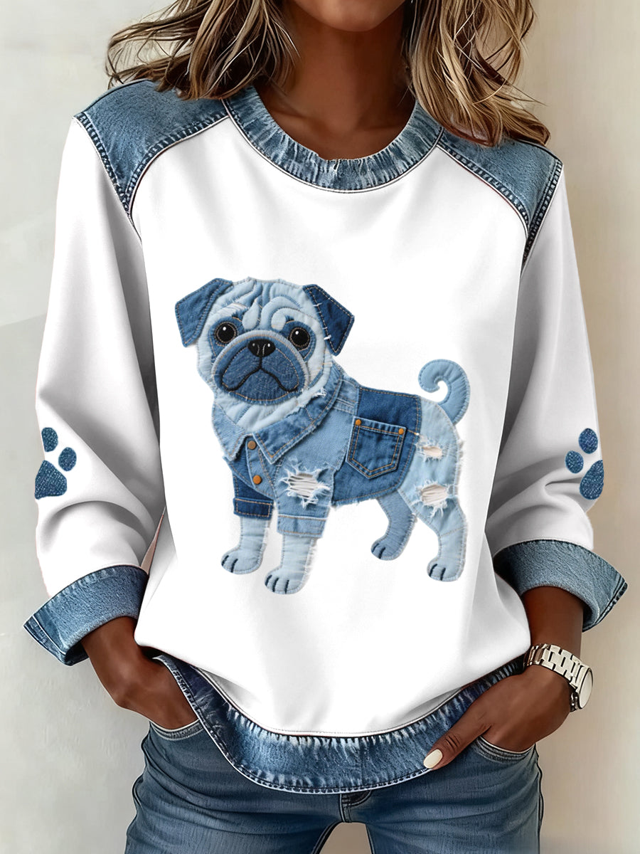 Les femmes belle Pug Dog Pattern Denim Patchwork Art Sweatshirt