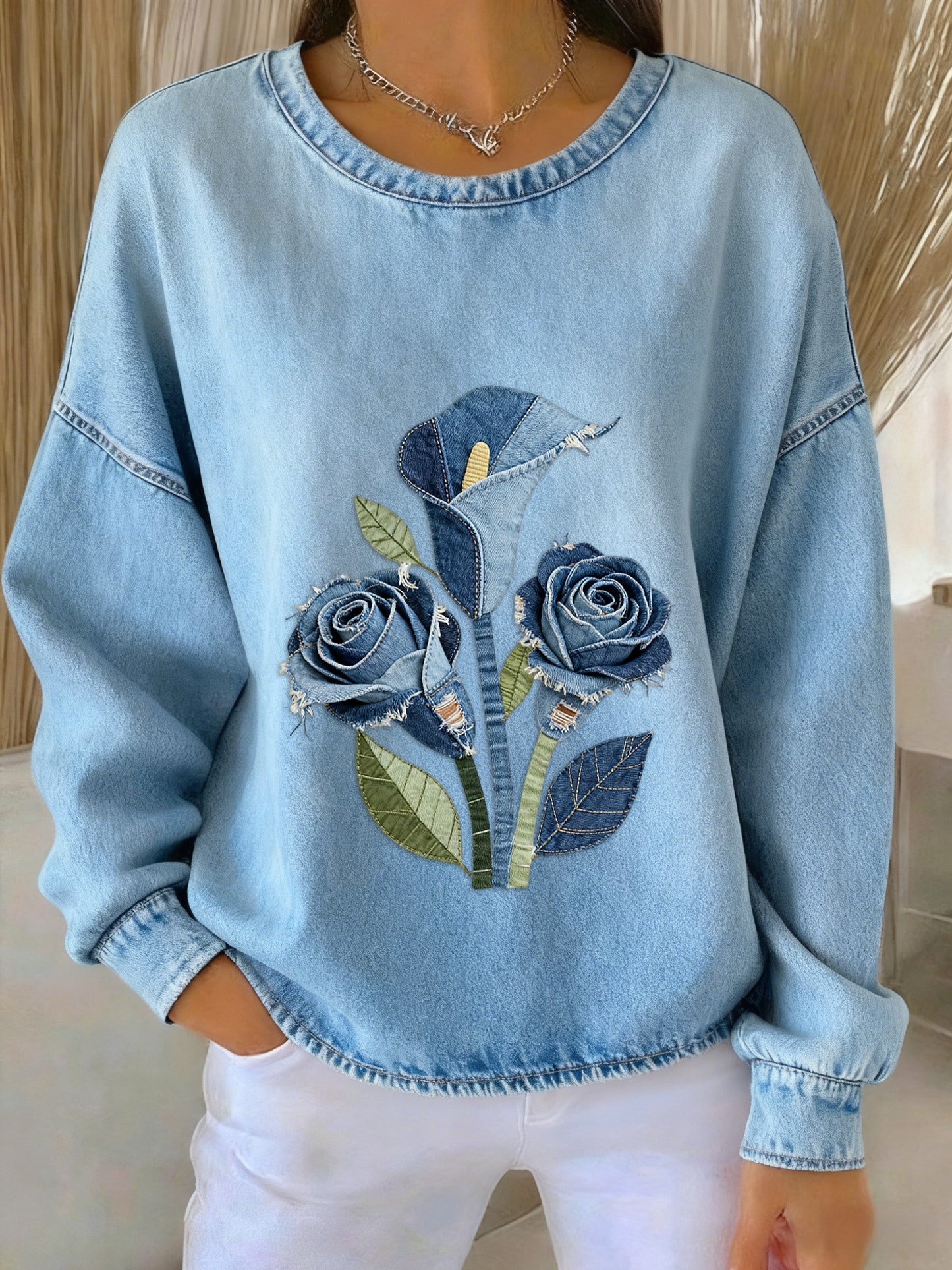 Rétro Denim Floral Patchwork Art Imprimé Casual Loose Sweat-shirt à manches longues