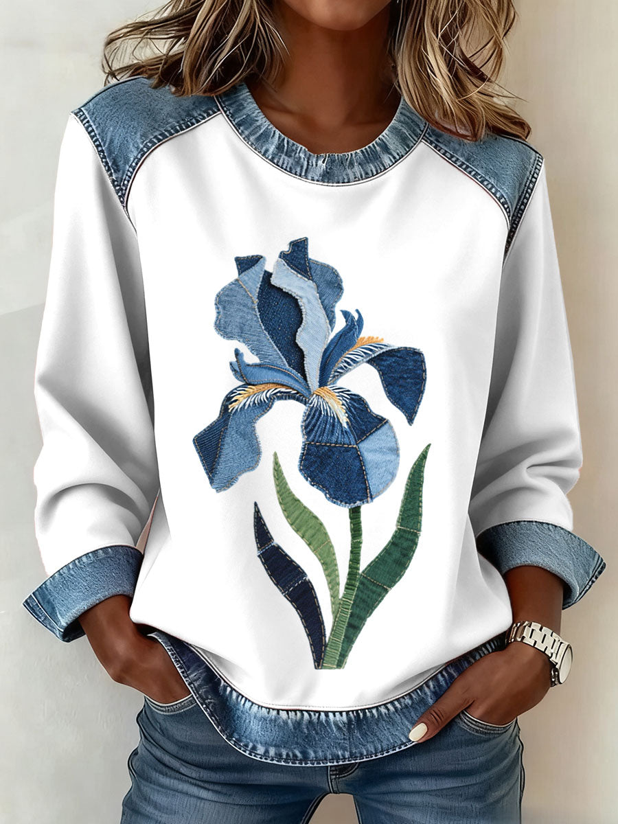 Femmes Iris Motif Floral Denim Patchwork Art Sweatshirt