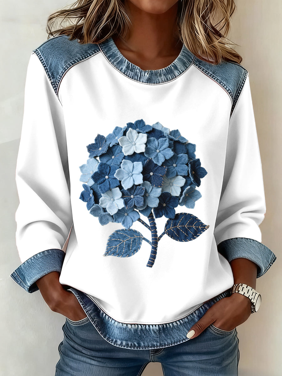 Hortensia Motif Floral Denim Patchwork Art Sweatshirt Femme