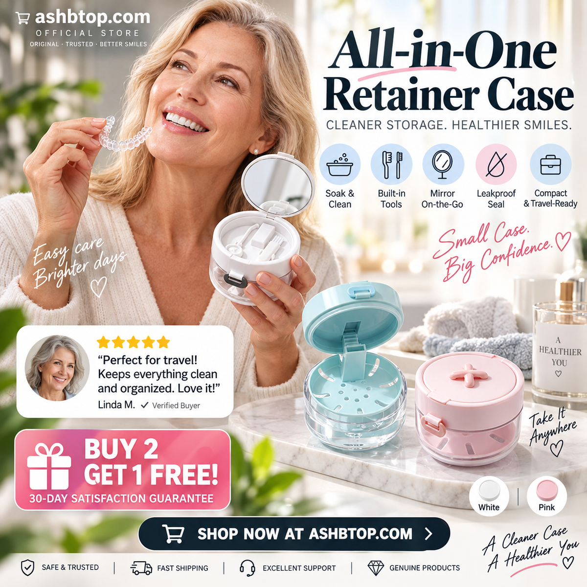 🦷🧳 All-in-One Retainer Storage Case — Soaking Compartment, Built-in Mirror & Cleaning Tools