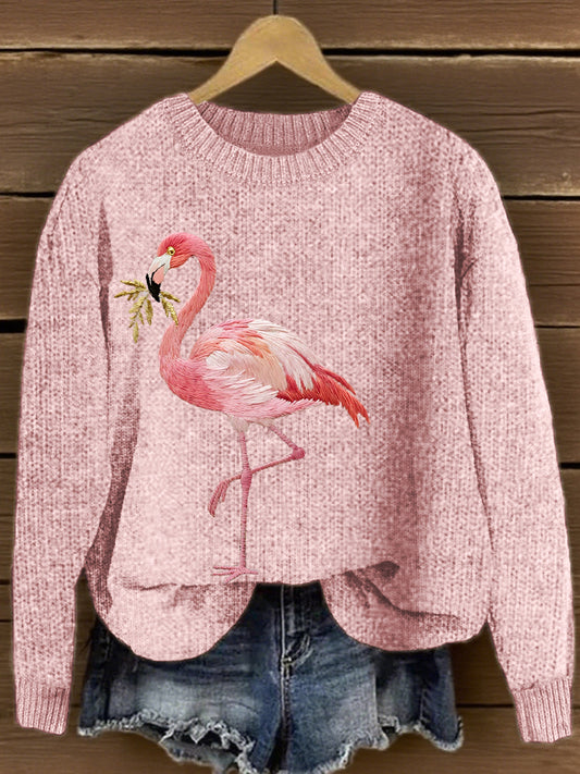 Pull Femme Rose Flamant Brodé En Maille