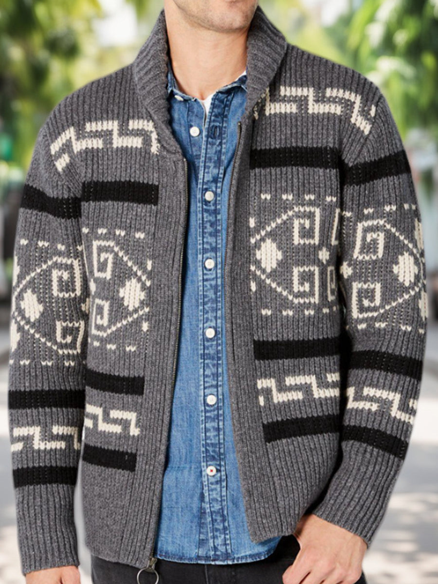 Hommes Hiver Rétro Culture Indienne Géométrique Motif Châle Col Zipper Pull Cardigan