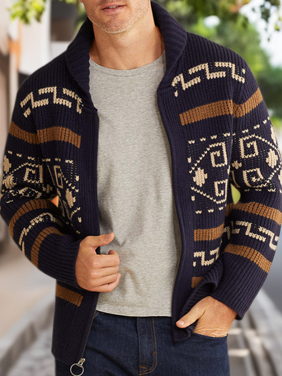 Hommes Hiver Rétro Culture Indienne Géométrique Motif Châle Col Zipper Pull Cardigan