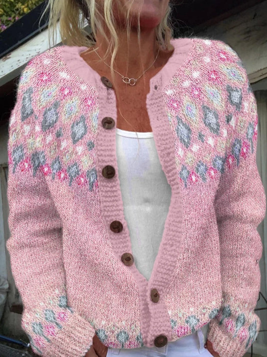 Pull islandais d'hiver pour femmes col rond lâche bouton Cardigan