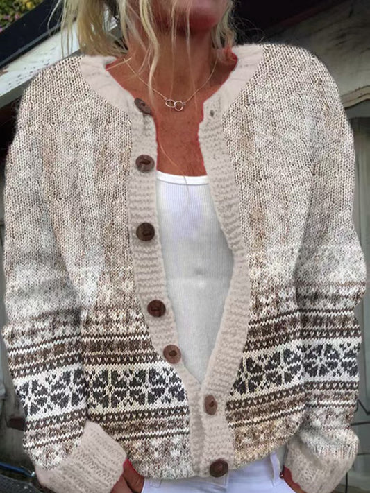 Pull islandais d'hiver pour femmes col rond lâche bouton Cardigan