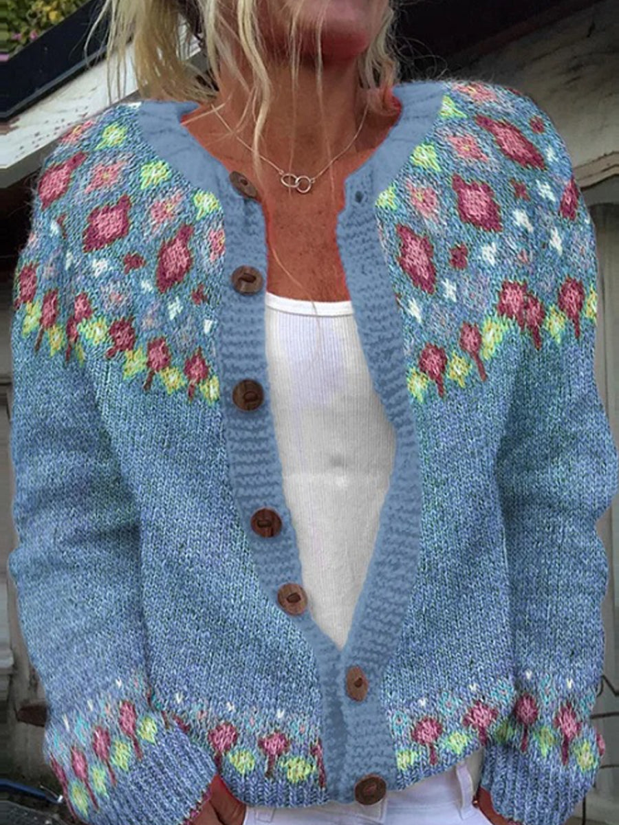 Pull islandais d'hiver pour femmes col rond lâche bouton Cardigan