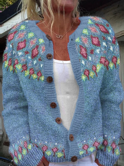 Pull islandais d'hiver pour femmes col rond lâche bouton Cardigan