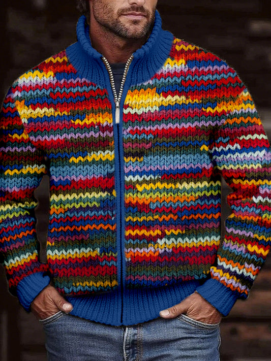 Vintage coloré Crochet Art confortable Zip Cardigan des hommes
