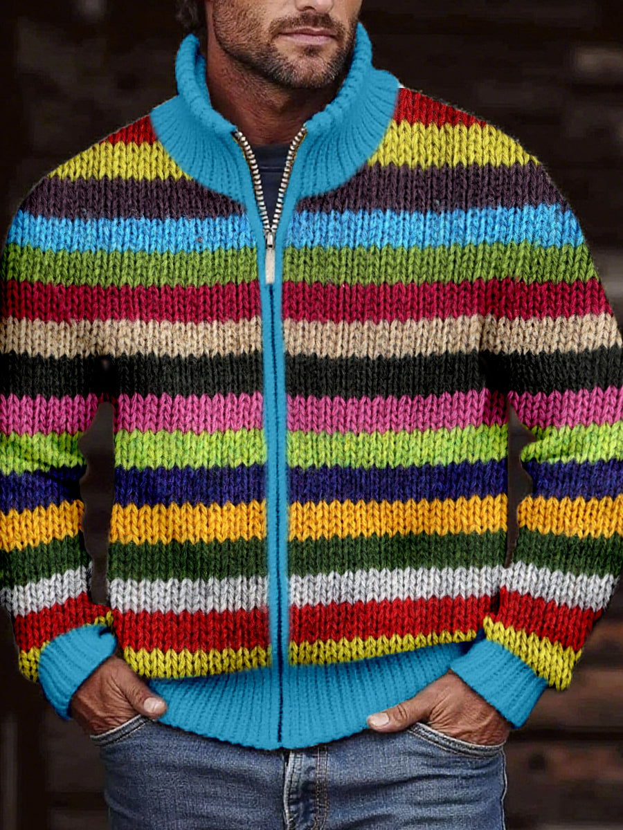 Cardigan en tricot confortable à rayures multicolores pour hommes