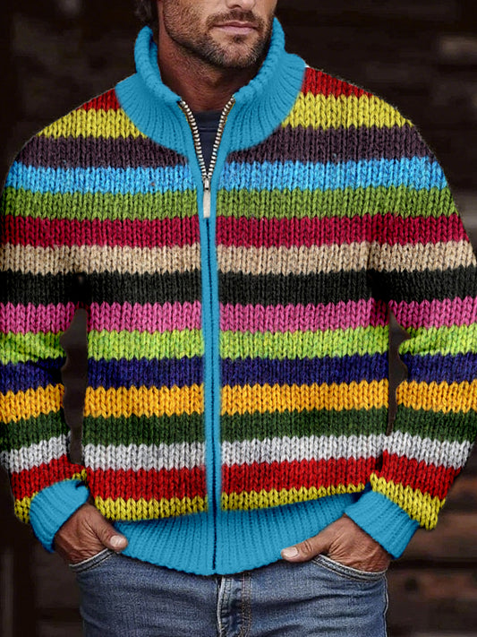 Cardigan en tricot confortable à rayures multicolores pour hommes