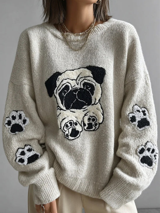 Lovely Mignon Pug Et Pattes Broderie Art Loose Cozy Tricot Pull