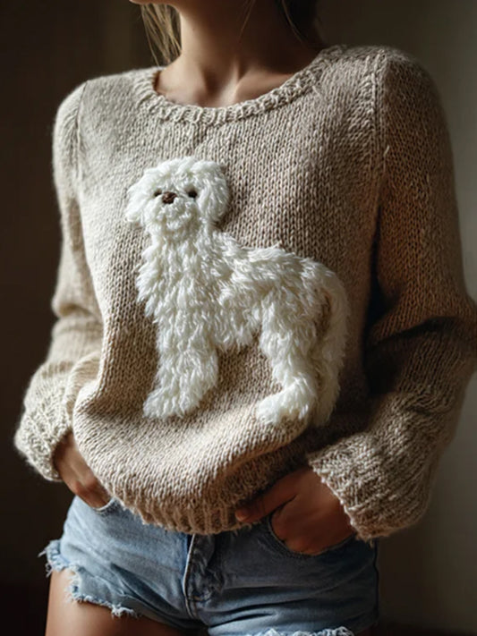 Chandail en tricot confortable en feutre de chien Fuzzy Femme