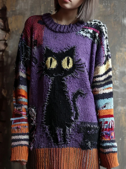 Pull long en tricot patchwork brodé chat noir pour femmes